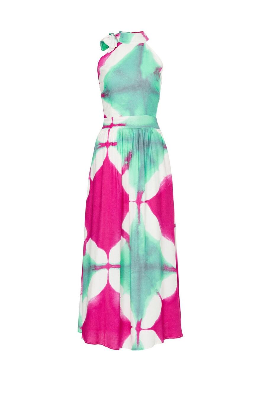 Busayo Collective Maxi Dress Pink Green Abstract Halter Sleeveless Midi Summer